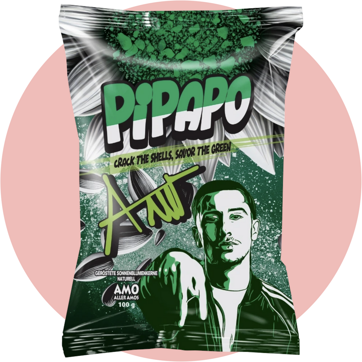 Pipapo Amo Sonnenblumenkerne Original – Geröstete Sonnenblumenkerne vom Rapper Amo in grüner Verpackung