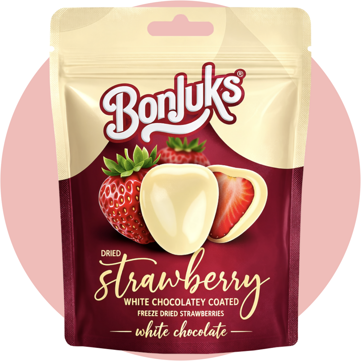 Bonjuks Freeze Dried Strawberry White Chocolate gefriergetrocknete Erdbeeren mit weißer Schokolade