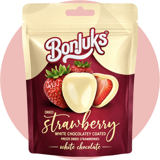 Bonjuks Freeze Dried Strawberry White Chocolate gefriergetrocknete Erdbeeren mit weißer Schokolade