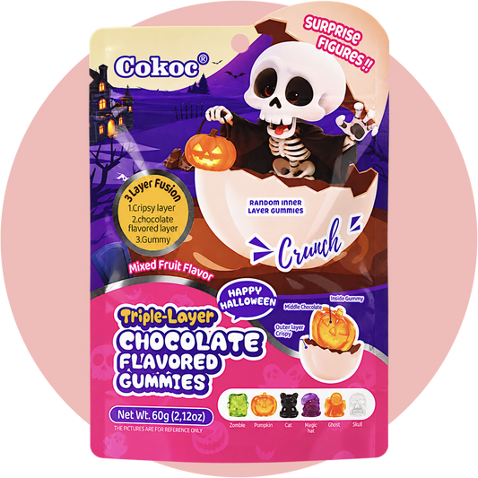 Cokoc Chocolate Halloween Triple Layer Gummies mit Schokoladengeschmack und Halloween-Figuren