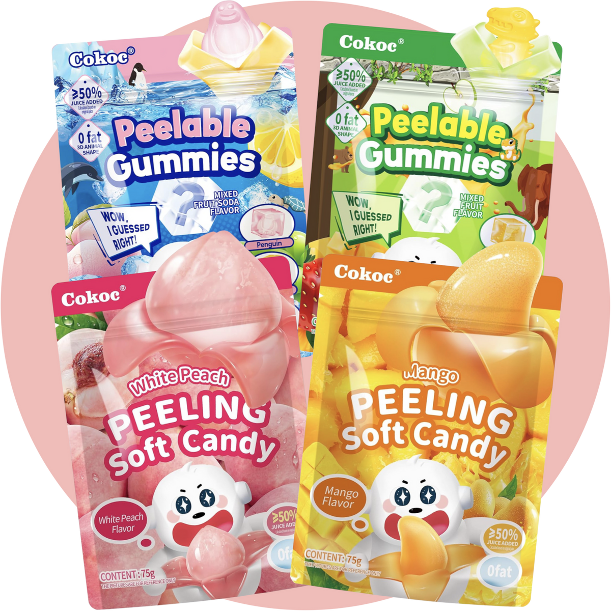 Cokoc Peelable Candy Bundle – 4 peelable Gummies mit verschiedenen Geschmacksrichtungen & versteckten Figuren wie Tieren und Früchten