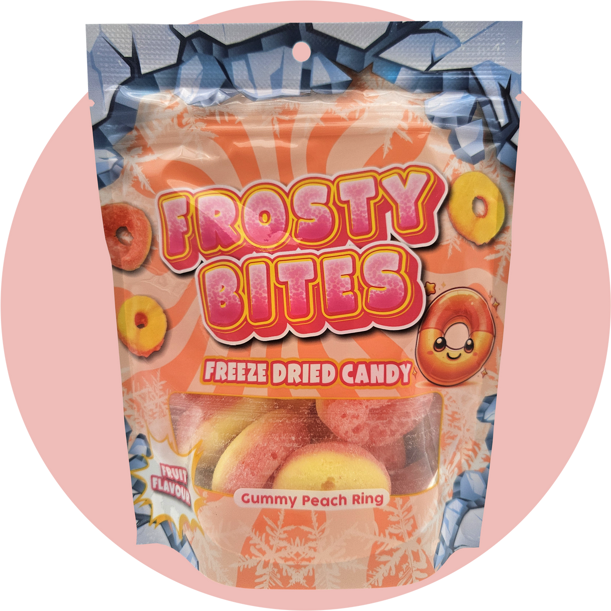 Frosty Bites Gummy Peach – Gefriergetrocknete Süßigkeiten Pfirsichringe mit knusprigem Biss