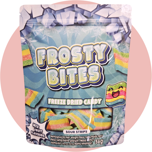 Frosty Bites Sour Strips – bunte gefriergetrocknete Regenbogen Streifen mit Fruchtgeschmack