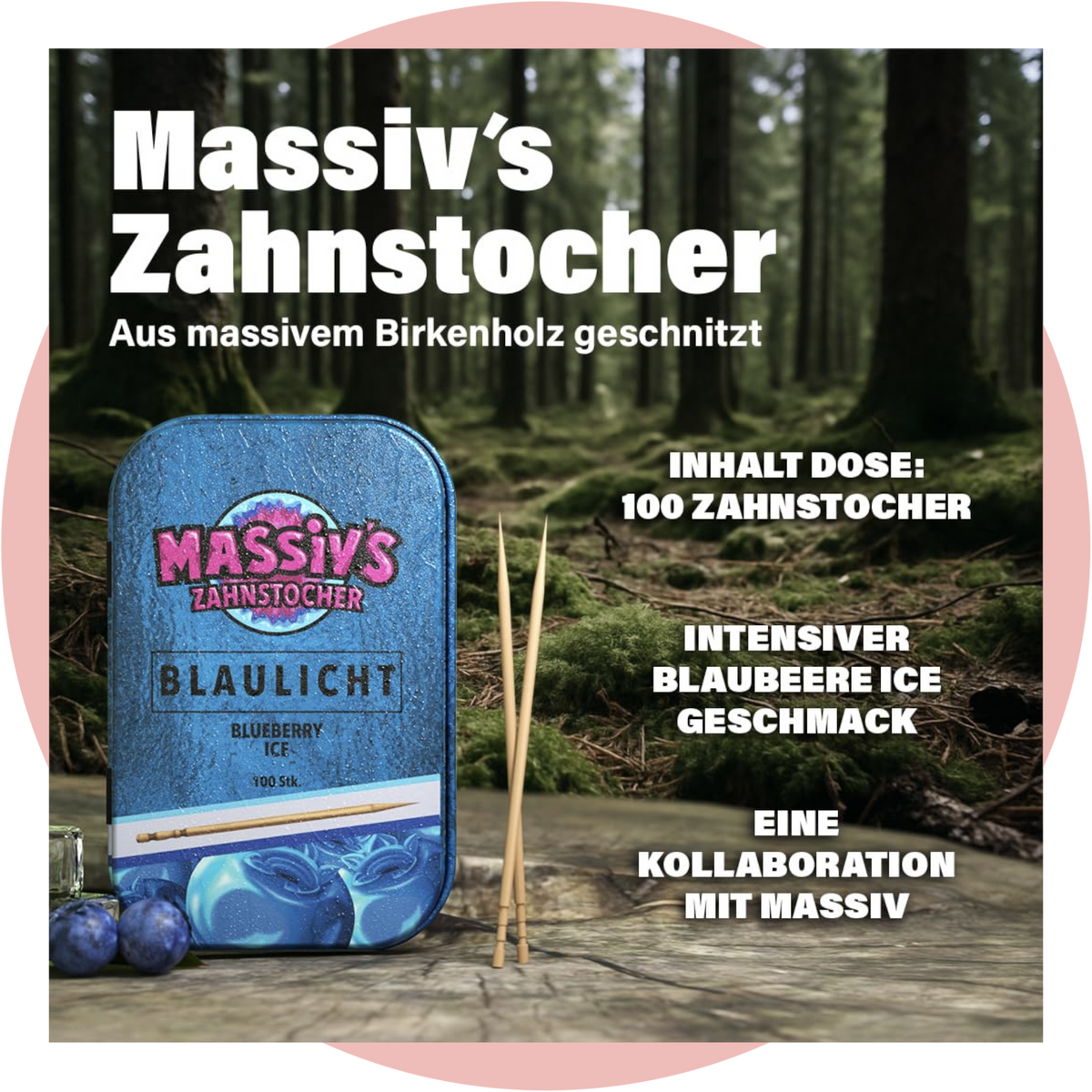 Massiv Zahnstocher BLAULICHT - Blaubeere Blueberry Ice Zahnstocher mit Geschmack in stilvoller Metalldose
