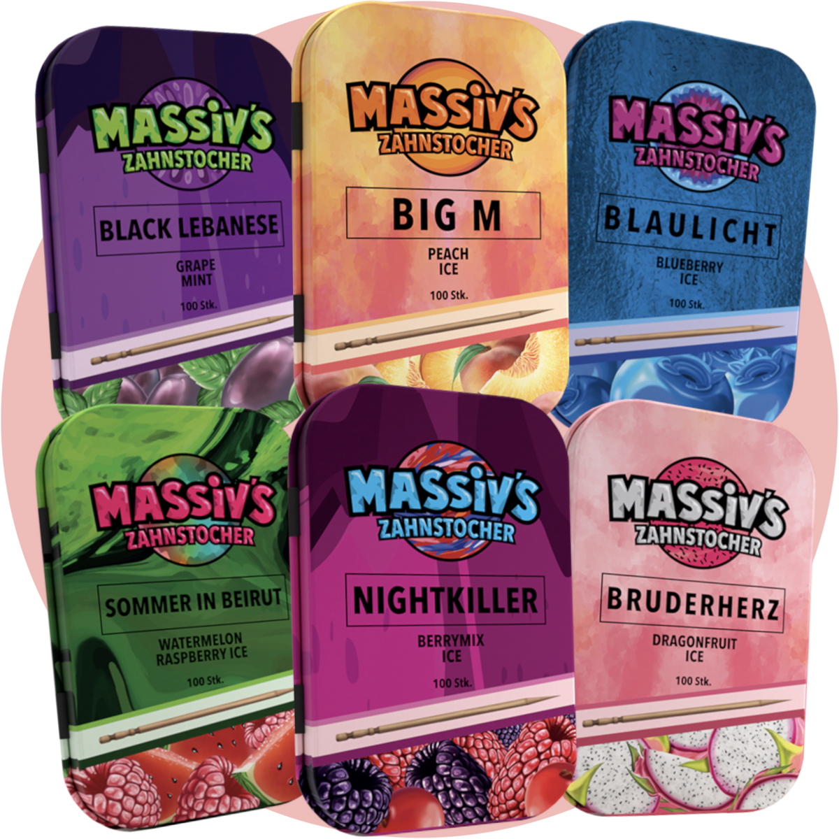 Massiv Zahnstocher Bundle Six-Mix – Set mit 6 Sorten: Dragonfruit, Blueberry, Peach, Watermelon, Berrymix & Grape Mint Zahnstocher mit Geschmack