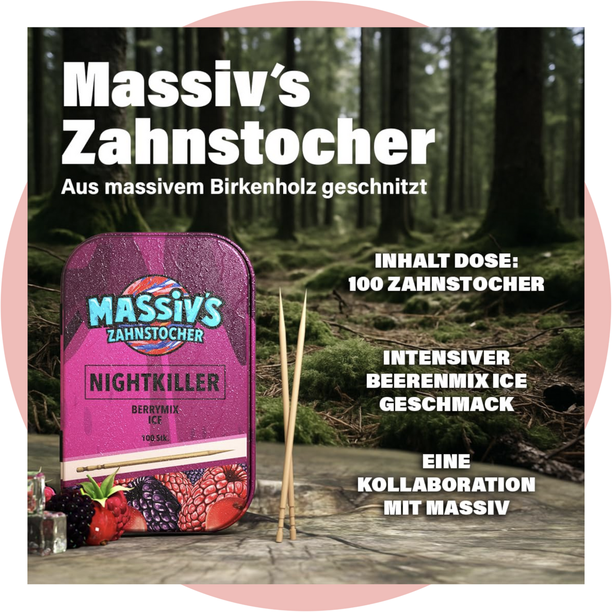 Massiv Zahnstocher NIGHTKILLER Berrymix Ice – Beeren-Mix Zahnstocher mit Geschmack in stylischer Metalldose