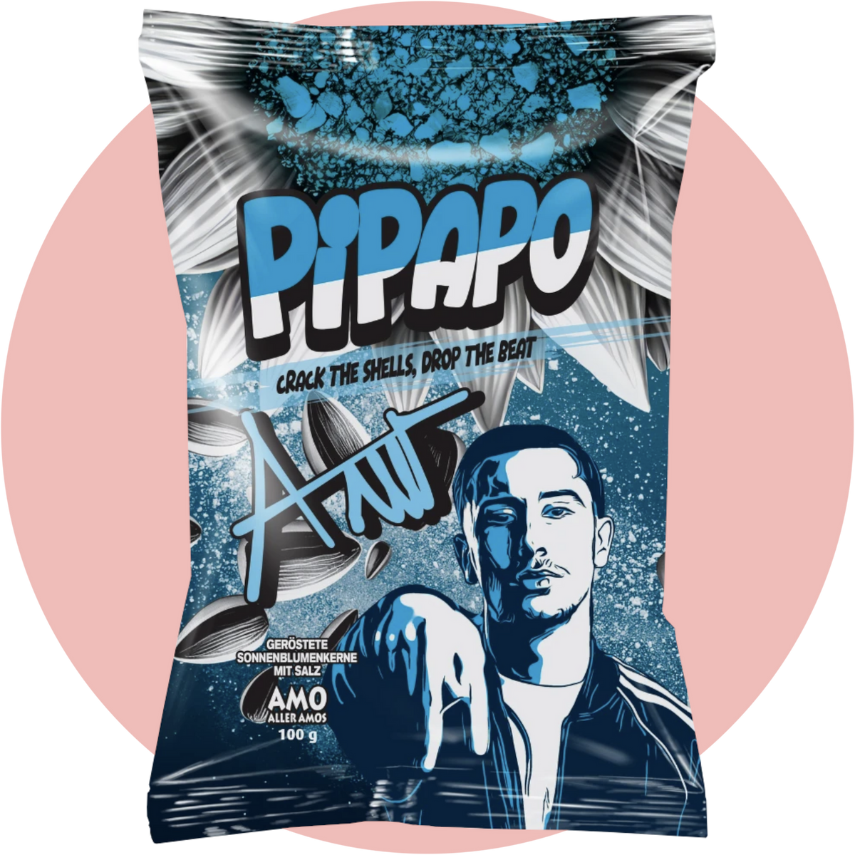 Pipapo Amo Sonnenblumenkerne Salted Blue – Geröstete Sonnenblumenkerne mit Salz in blauer Verpackung vom Rapper Amo